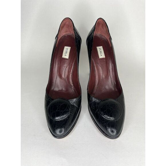 Furla Black Leather Croc Embossed Platform High Heels Women Sz 40EU/9.5M US - Picture 13 of 13